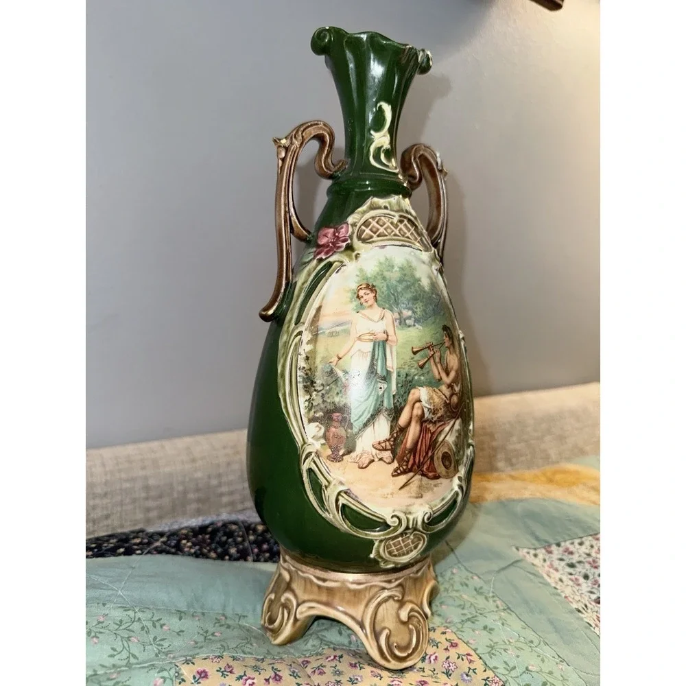 Vintage Ornate Ceramic Vase Courting Couple Scene Romantic Chic Rococo Style